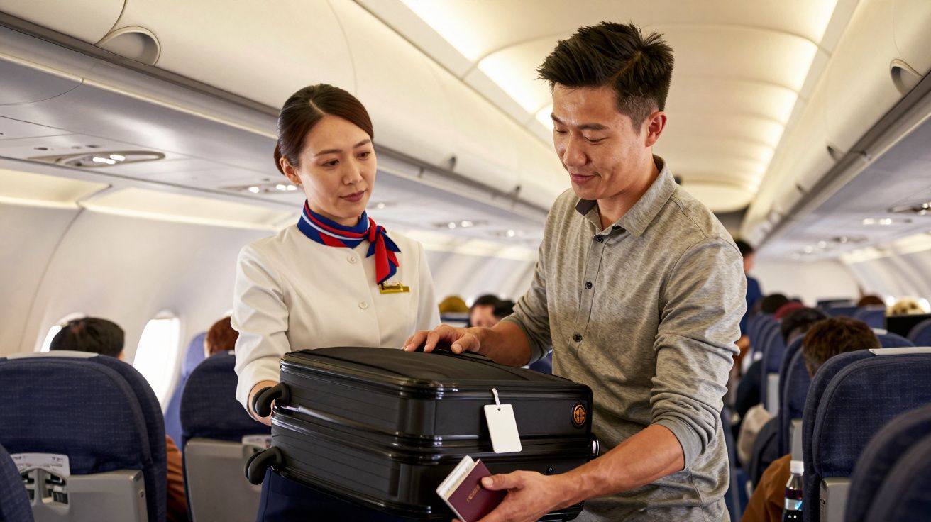 Pasajero y asistente de vuelo guardan equipaje en el compartimento superior de un avión.