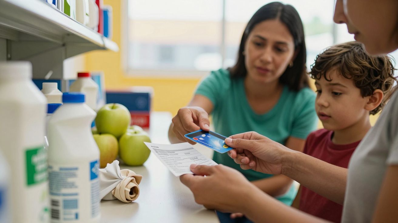 Mujer y niño comprando, entregan tarjeta a otra persona detrás del mostrador. Hay manzanas y productos en las estanterías.
