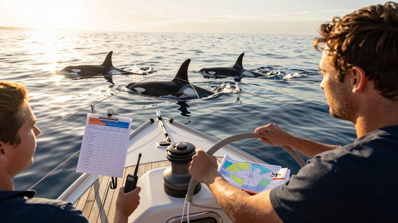 Dos personas en un barco observando orcas en el mar al atardecer, con un mapa y una radio marina a bordo.