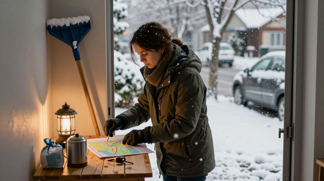 Persona con chaqueta revisa un mapa en la entrada de una casa nevada, con una pala y objetos sobre la mesa.