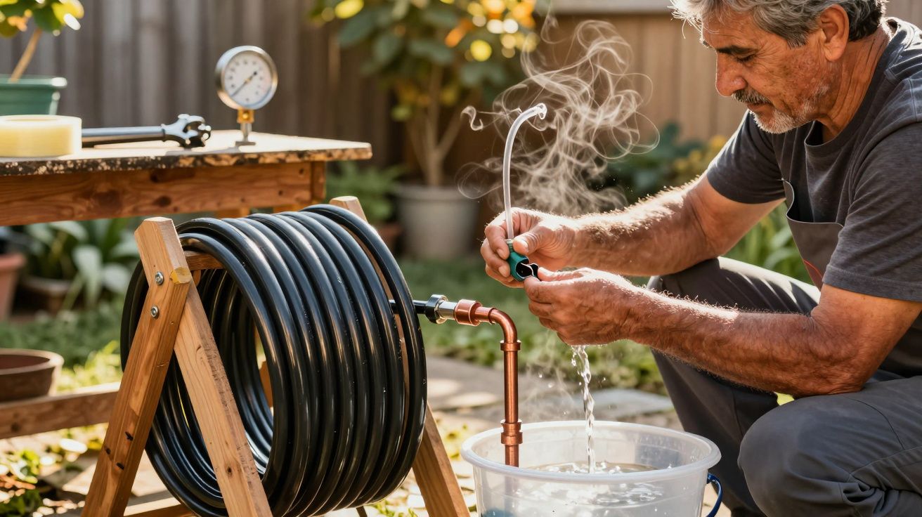 Hombre probando la presión de una manguera en un jardín, con vapor saliendo de un calentador solar casero.