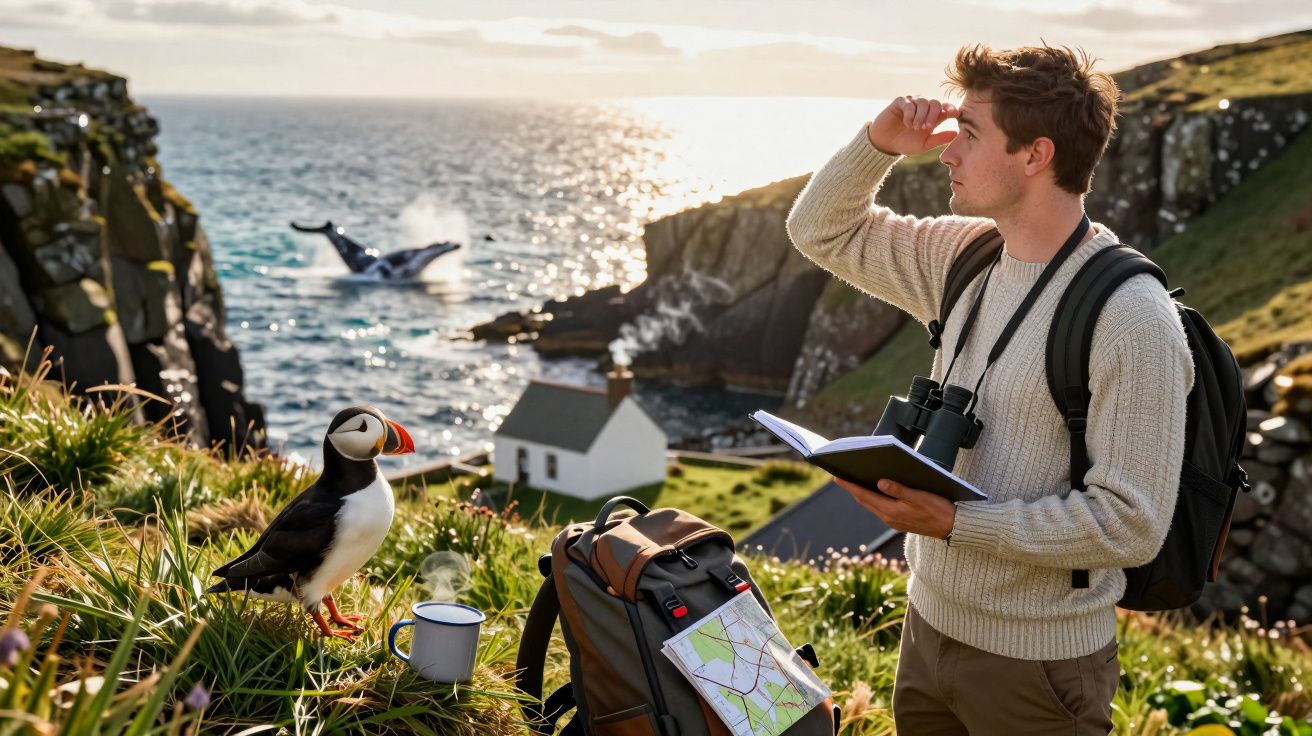 Hombre con prismáticos observa el mar; frailecillo cerca de mochila y mapa; ballena saltando en el fondo.