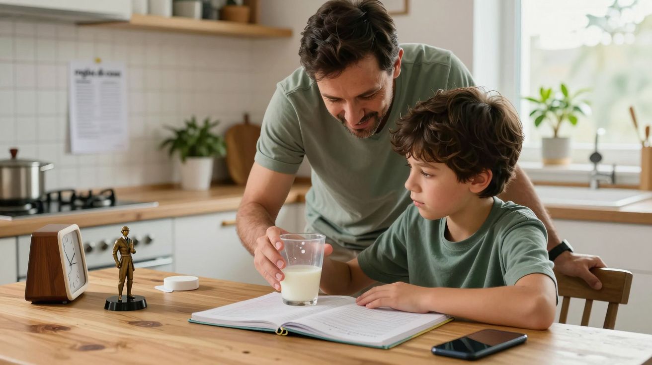 Padre e hijo estudiando en la cocina, el padre sostiene un vaso de leche mientras el niño lee un libro.