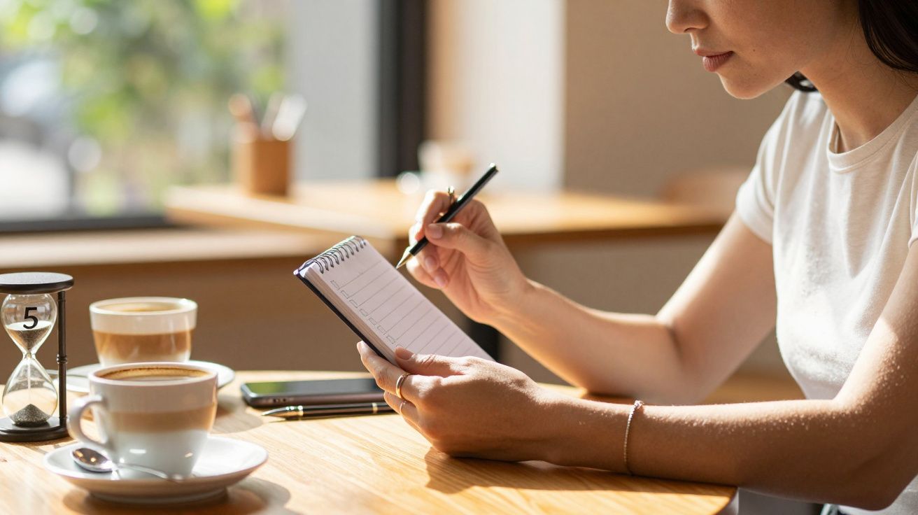 Mujer escribiendo en un bloc de notas en una cafetería con café y reloj de arena sobre la mesa.