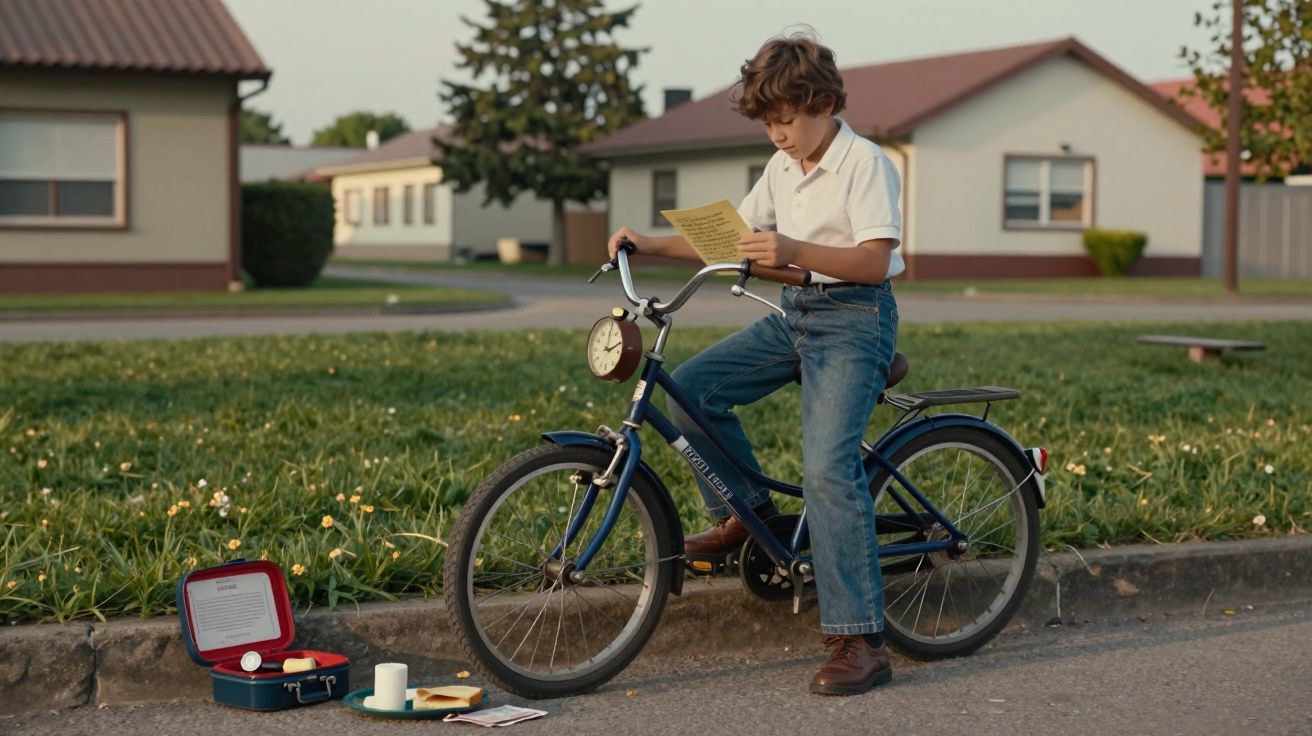 Niño en bicicleta azul leyendo un papel, con una caja abierta en el suelo cerca de una casa.