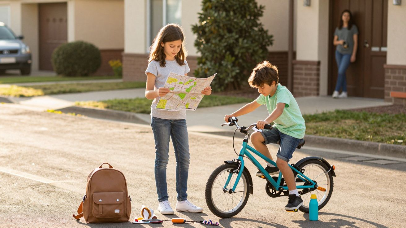 Niña mirando un mapa mientras un niño monta en bicicleta en la calle. Hay una mochila en el suelo y una mujer al fondo.