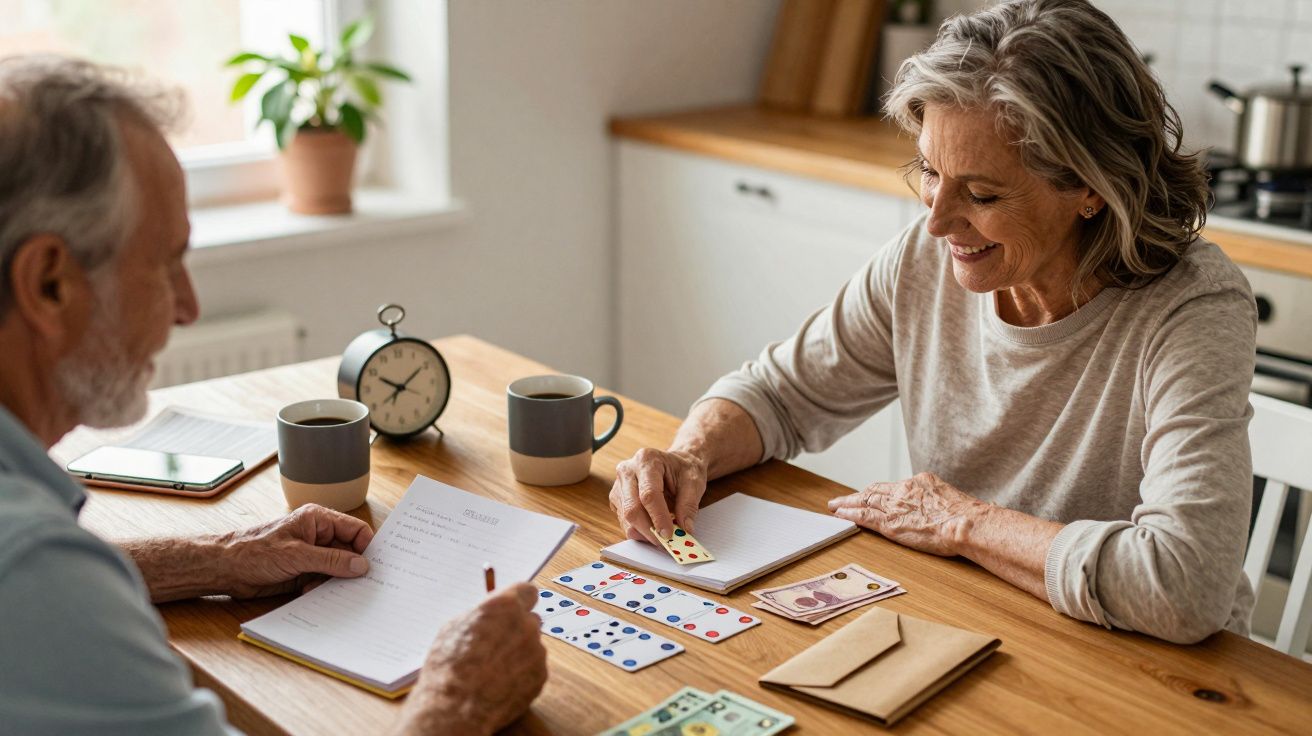 Pareja de personas mayores jugando a un juego de cartas en una mesa de cocina, con tazas y un reloj.