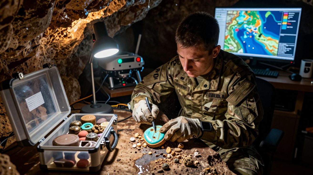 Soldado trabaja en un laboratorio subterráneo, rodeado de dispositivos y una pantalla de computadora con un mapa.