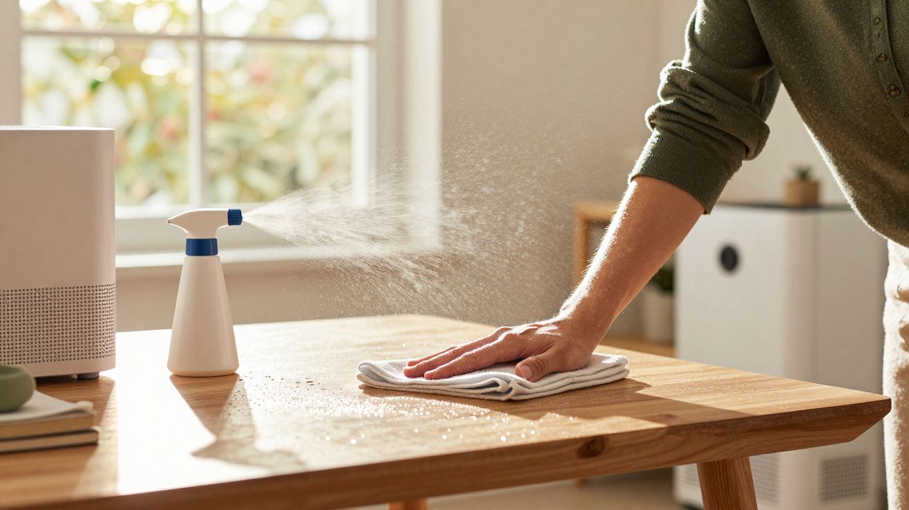 Persona limpiando una mesa de madera con un paño y un pulverizador, en una habitación luminosa.