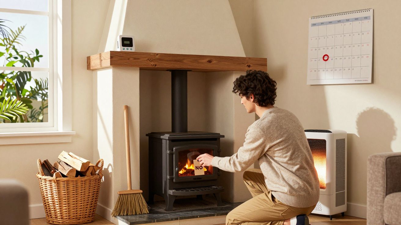 Persona encendiendo una estufa de leña en una sala, con cesta de leña, calendario en la pared y ventana con luz solar.