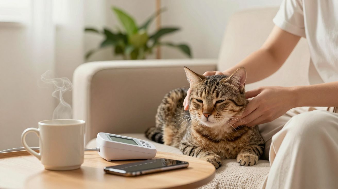 Persona acariciando un gato en sofá, con taza humeante, teléfono y dispositivo en mesa. Planta decorativa al fondo.