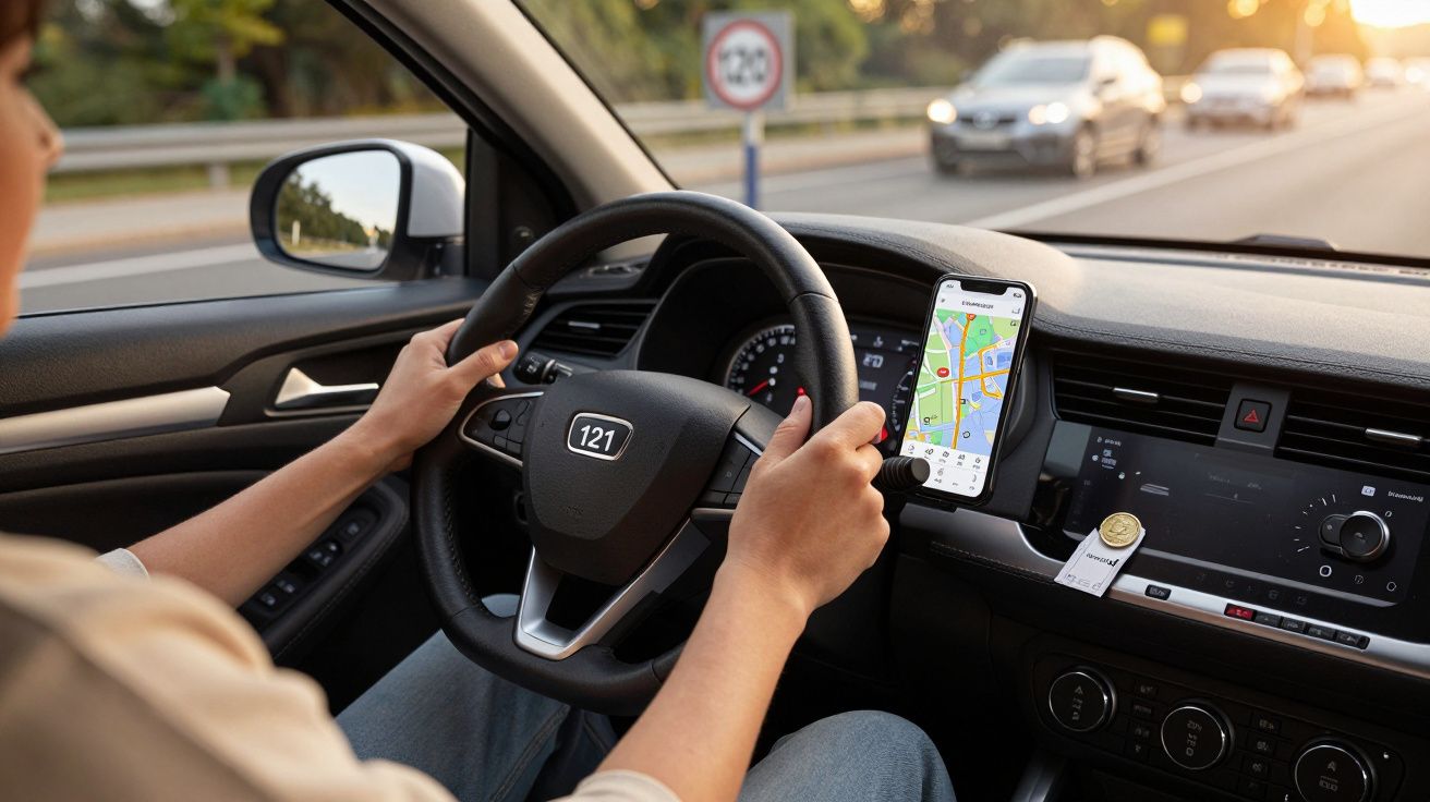 Persona conduciendo con GPS en el móvil, carretera visible al fondo y coche en movimiento.