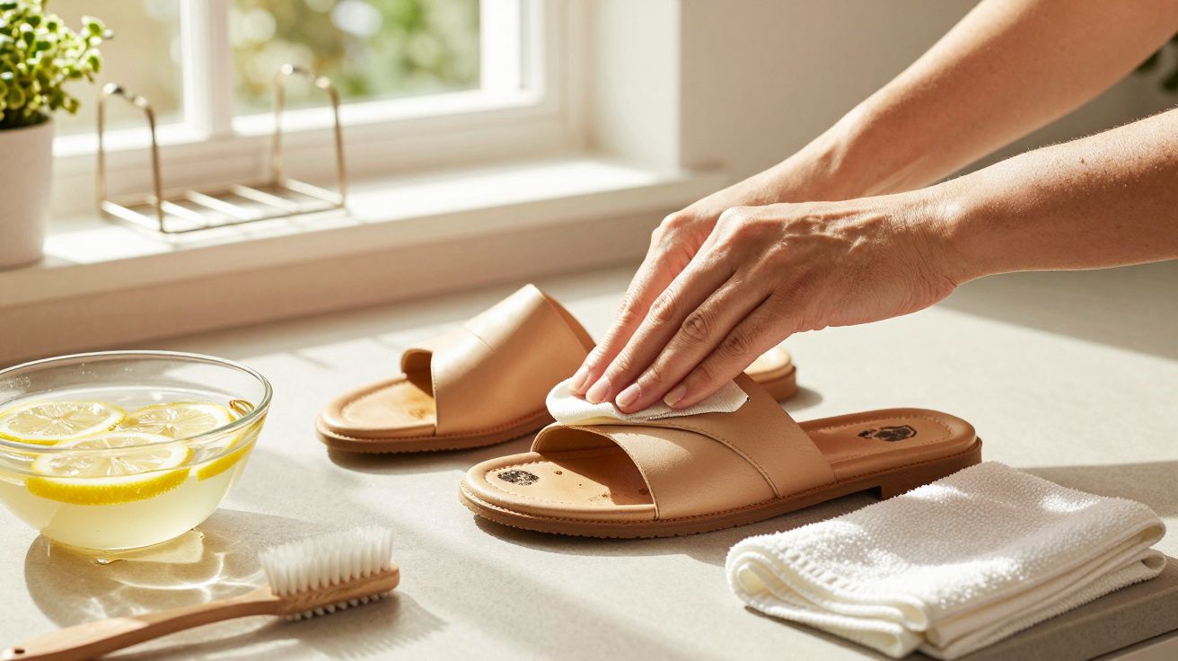 Una persona limpia unas sandalias beige sobre una mesa junto a un cuenco con rodajas de limón, cepillo y toalla blanca.
