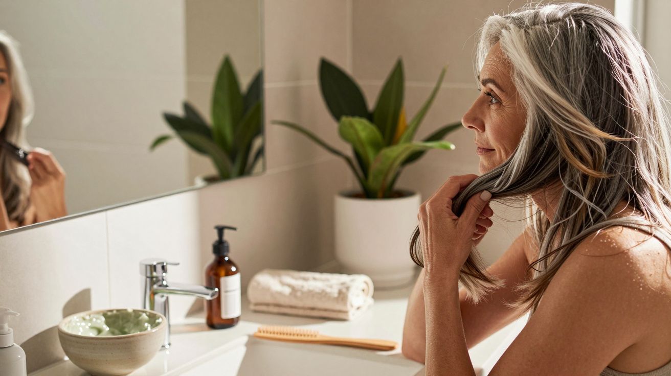 Mujer de cabello canoso mirando al espejo en el baño, con plantas y productos de cuidado personal sobre el lavabo.