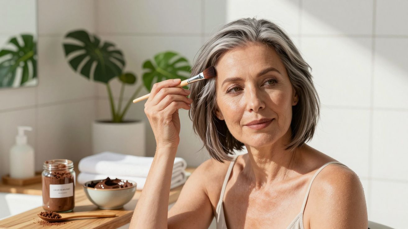 Mujer de cabello canoso aplicando mascarilla facial con brocha en baño iluminado, plantas al fondo.