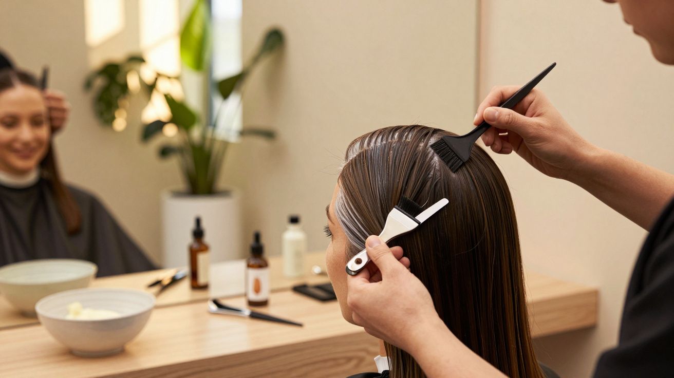 Persona aplica tinte en el cabello de una mujer en un salón de belleza, con herramientas y productos sobre la mesa.