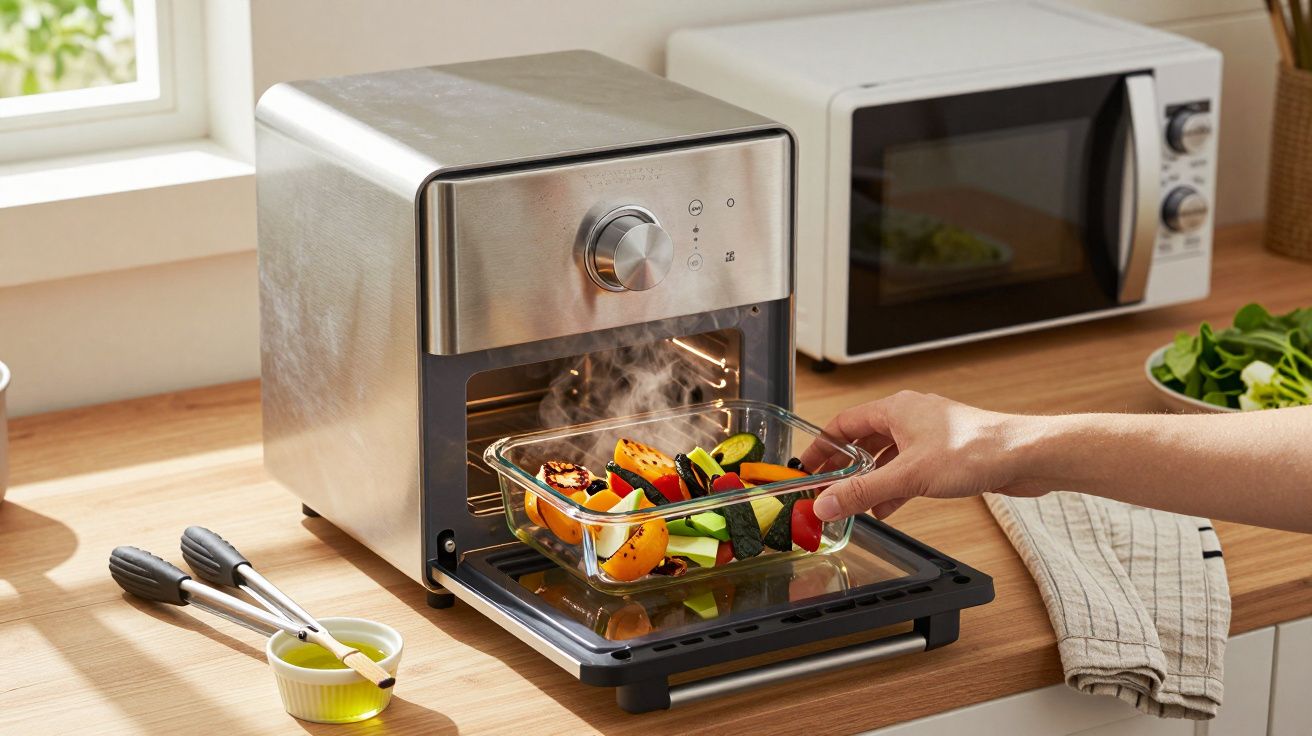 Persona colocando verduras en una bandeja de vidrio en un mini horno sobre una encimera de cocina.