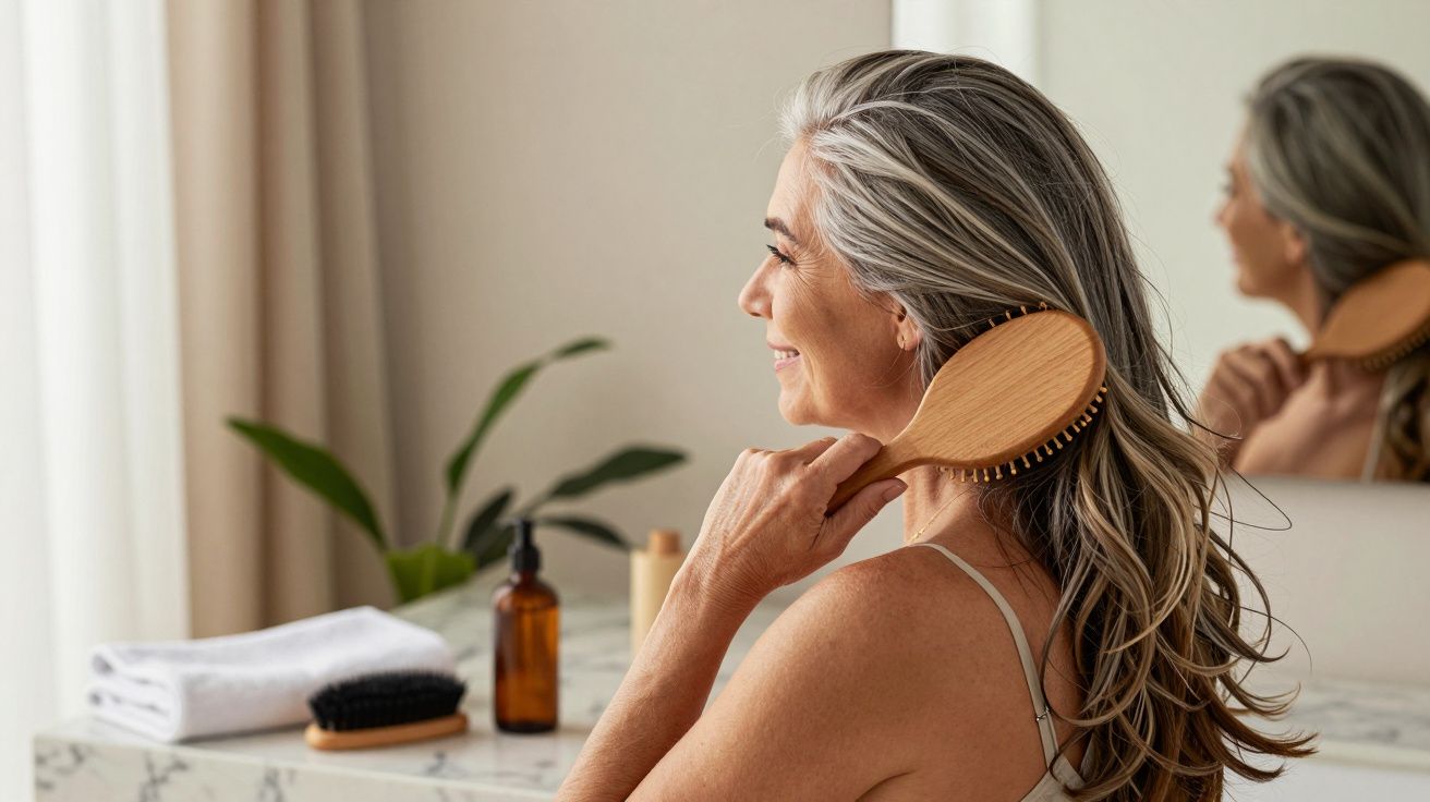 Mujer mayor peinándose frente al espejo en baño luminoso con productos de cuidado personal sobre el tocador.