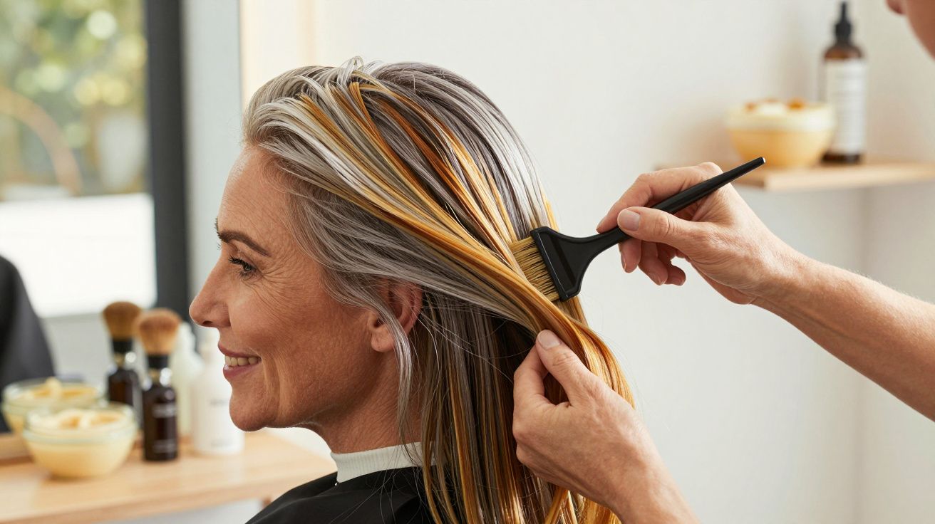 Persona sonriente en una peluquería recibiendo mechas rubias sobre cabello gris.