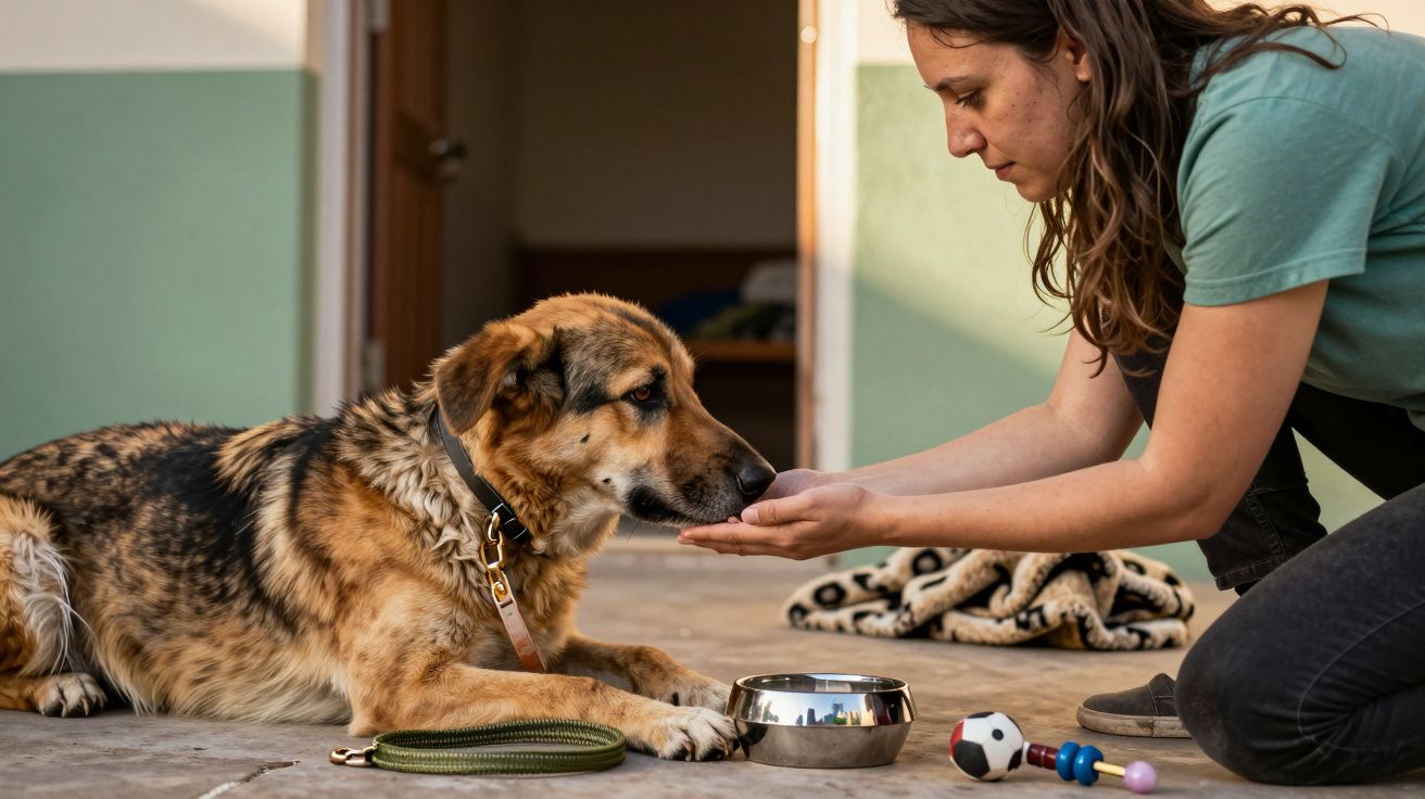 Mujer alimenta a un perro pastor en el suelo, con juguetes al lado y un cuenco de metal.