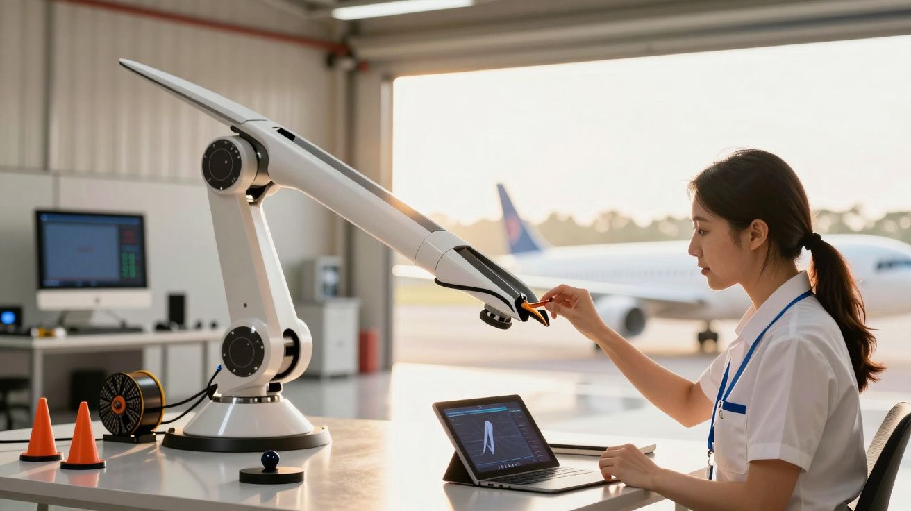 Mujer en uniforme revisa un brazo robótico en un hangar, mientras un avión está estacionado afuera.