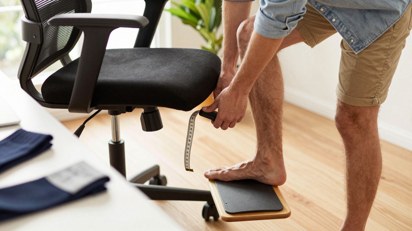 Persona midiendo la altura de un reposapiés junto a una silla de oficina negra en una habitación luminosa.