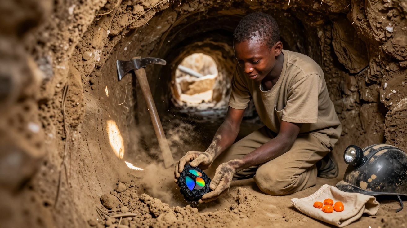 Persona en túnel de tierra sosteniendo un mando de videojuego; hay una piqueta y un casco junto a él.