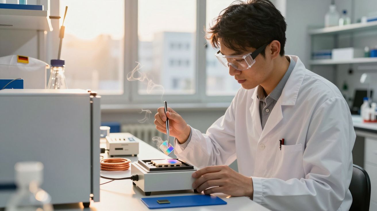 Científico en laboratorio usando equipo con bata blanca y gafas de protección.