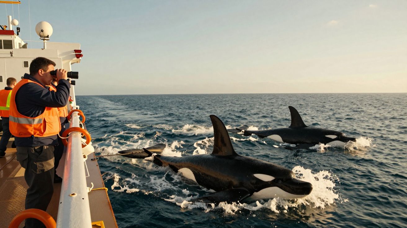 Hombre con prismáticos en barco observando orcas nadando cerca en el mar.