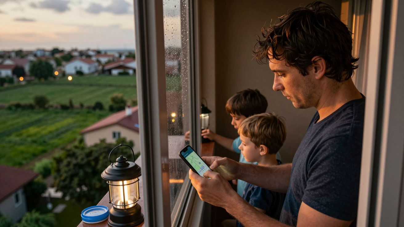 Hombre y dos niños miran por la ventana al atardecer; el hombre usa su móvil, linterna en el alféizar.