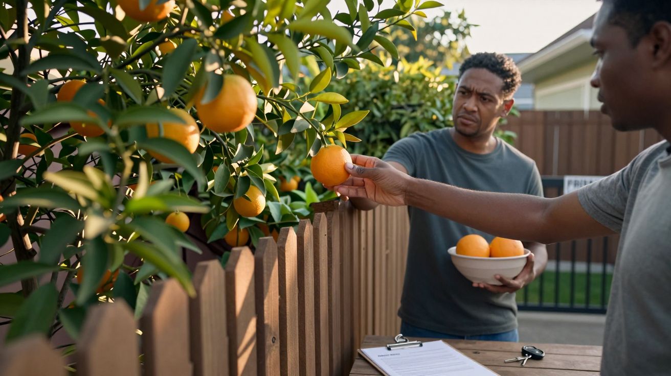 Dos hombres cosechando naranjas en un jardín, uno sostiene un bol lleno, el otro examina una en el árbol.