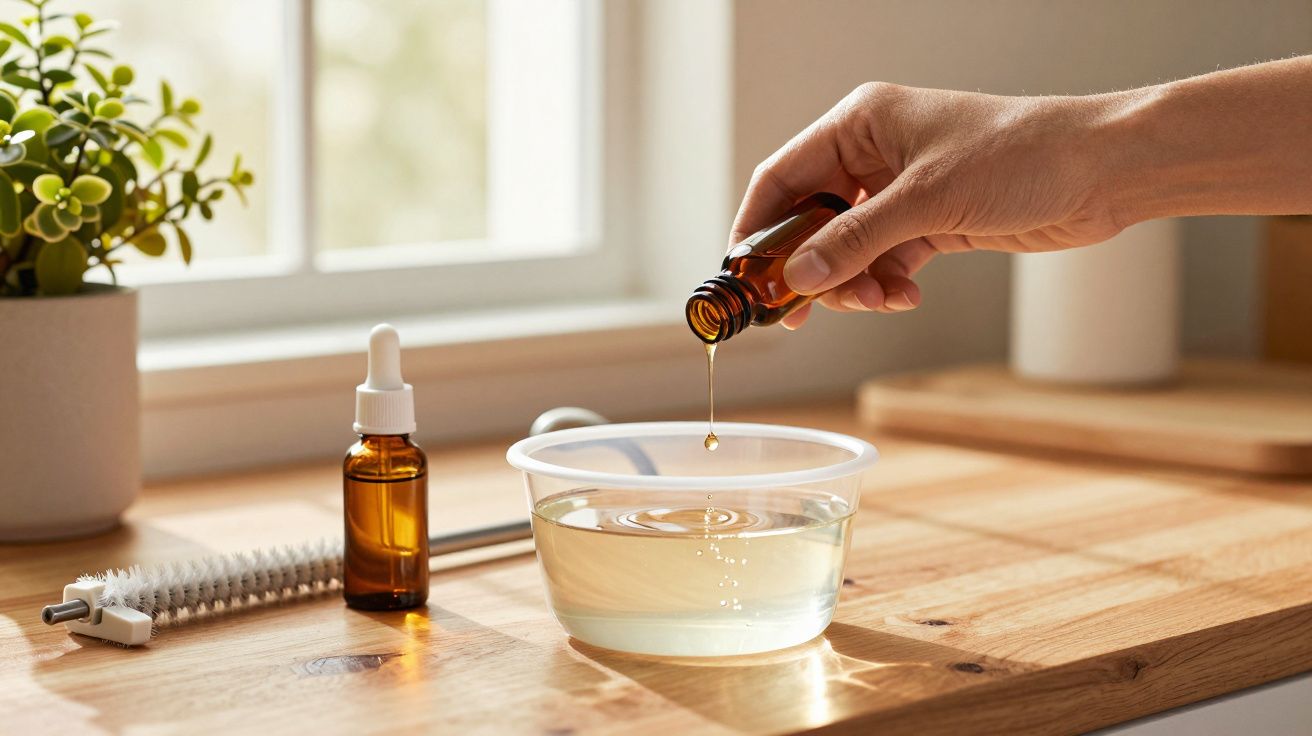 Mano vertiendo líquido de una botella ámbar en un recipiente con agua sobre una mesa de madera, junto a una planta.