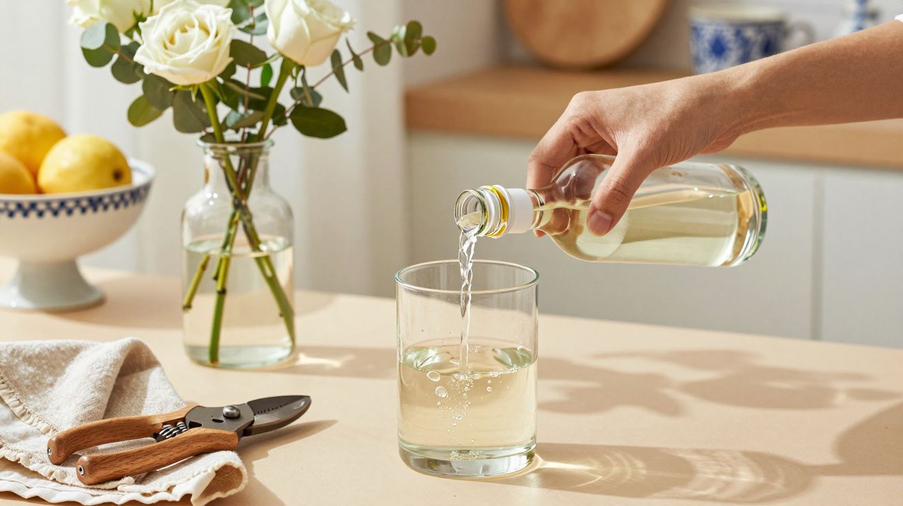 Mano vertiendo líquido en un vaso en la cocina, junto a flores blancas y limones.