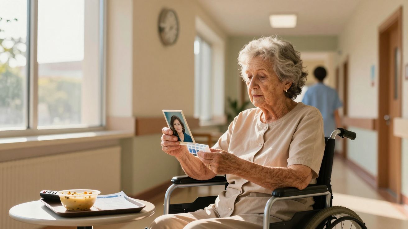 Mujer mayor en silla de ruedas mirando una foto en un pasillo bien iluminado de una residencia.