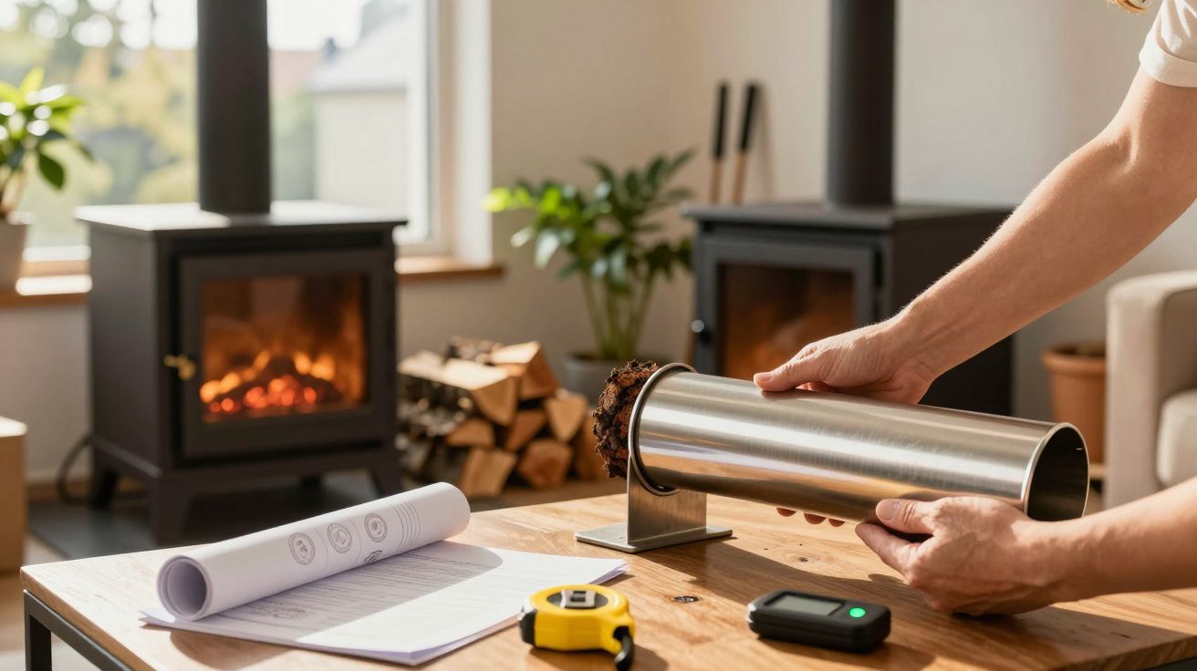 Persona colocando tubo en casa con estufas de leña encendidas. Mesa con planos y cinta métrica.