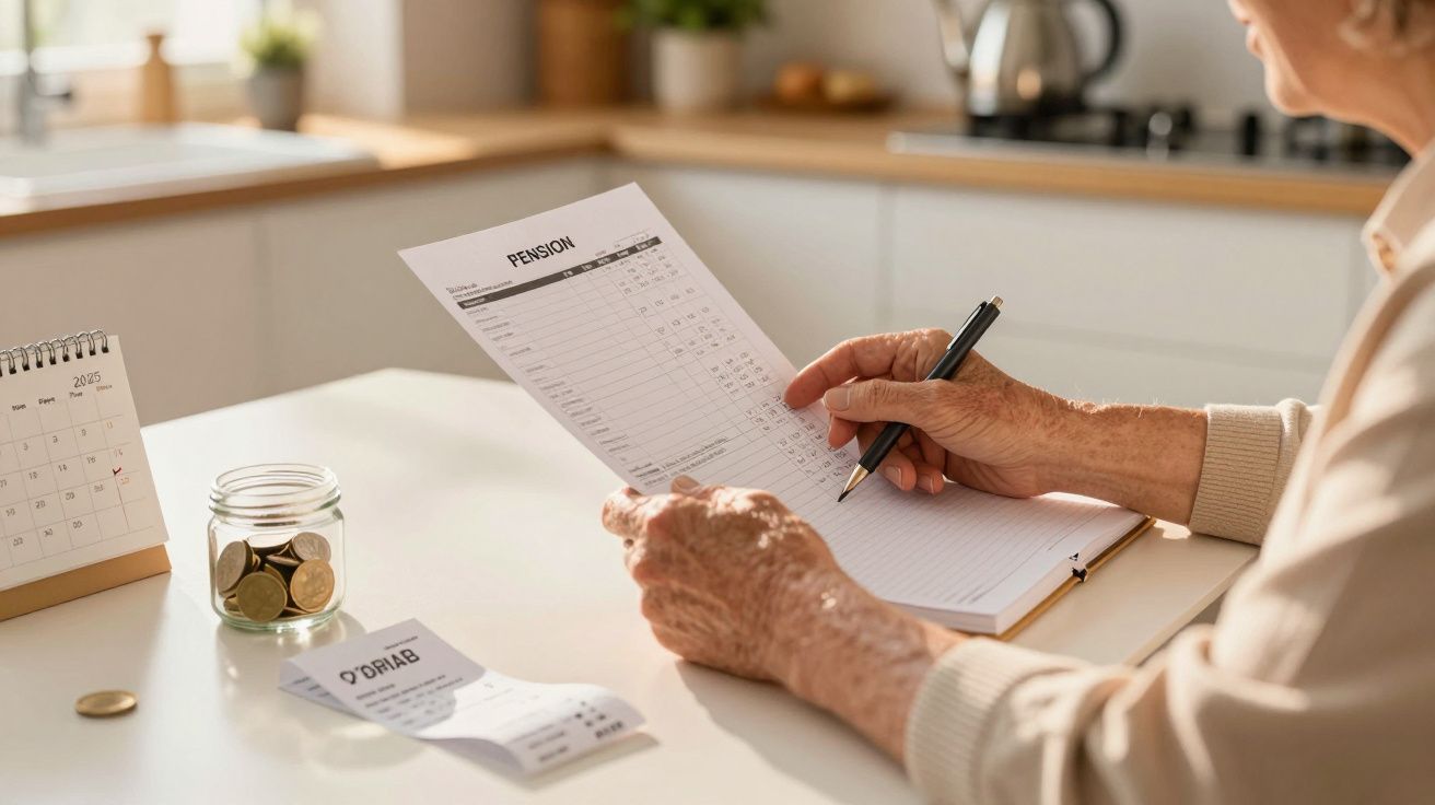 Persona mayor revisando un documento de pensión en una cocina, junto a un calendario y un tarro con monedas.