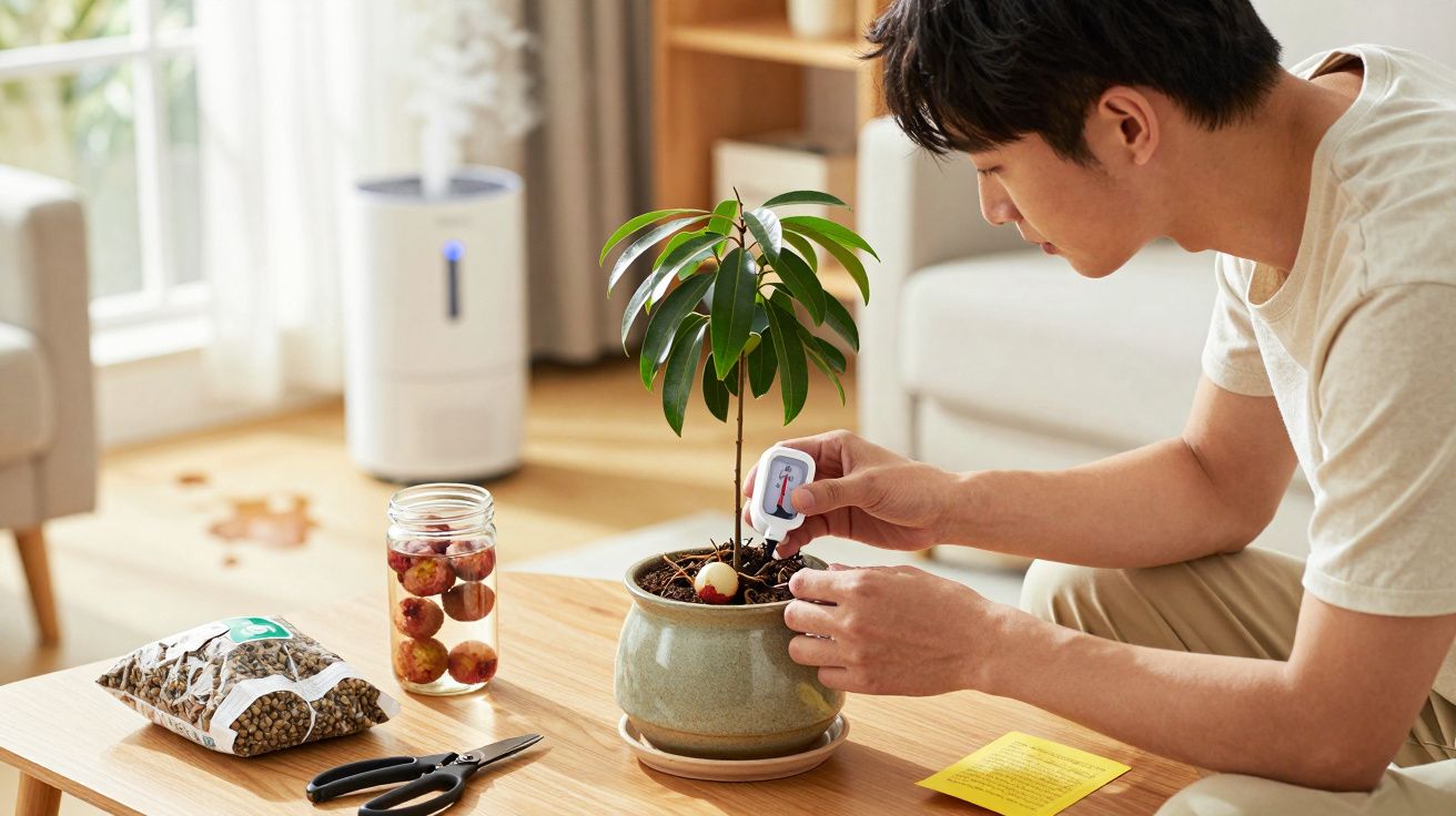 Hombre cuidando planta en maceta dentro de una sala, usando un medidor de humedad. Herramientas y abono en la mesa.