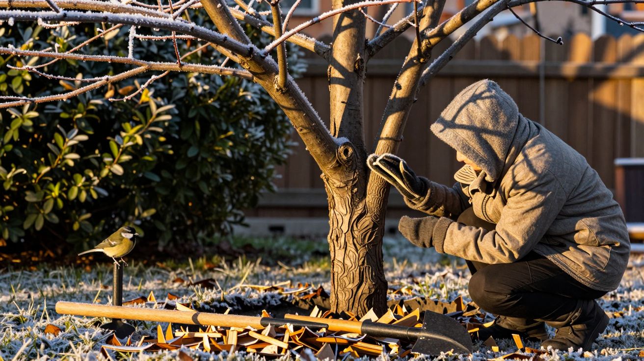 Persona abrigada inspecciona un árbol en un jardín invernal, rodeado de herramientas y hojas caídas.