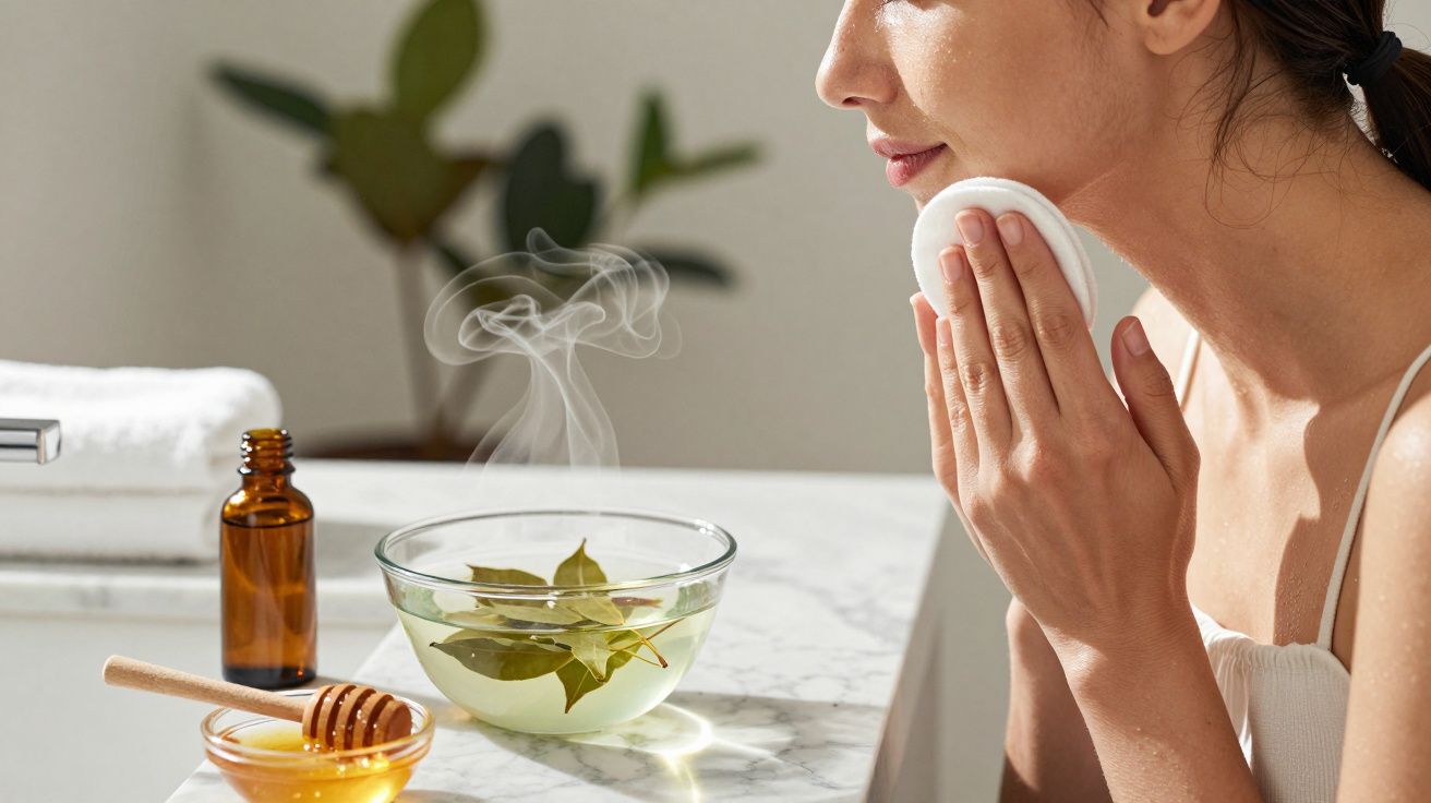 Mujer aplicándose tratamiento facial con vaporizador de hierbas, junto a miel y aceite esencial sobre el mostrador.