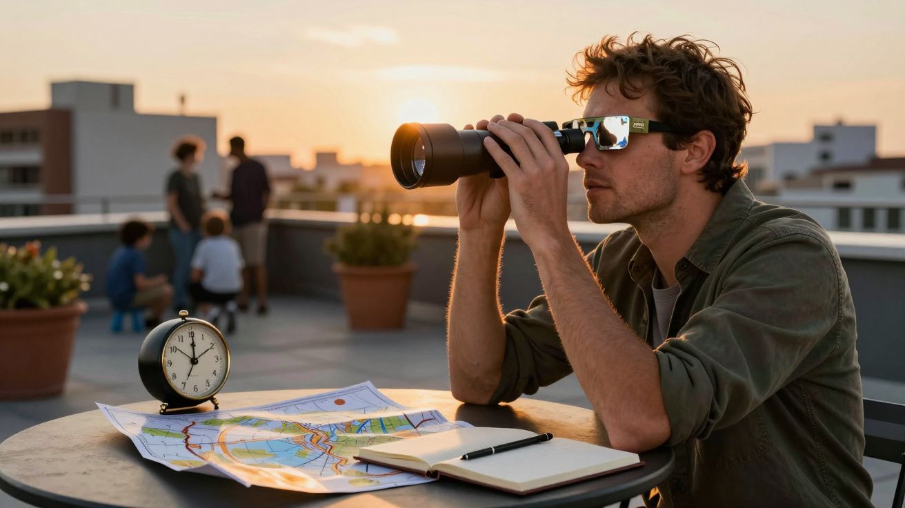 Hombre en azotea observa con prismáticos; mapa y reloj en mesa, personas desenfocadas al fondo, atardecer.