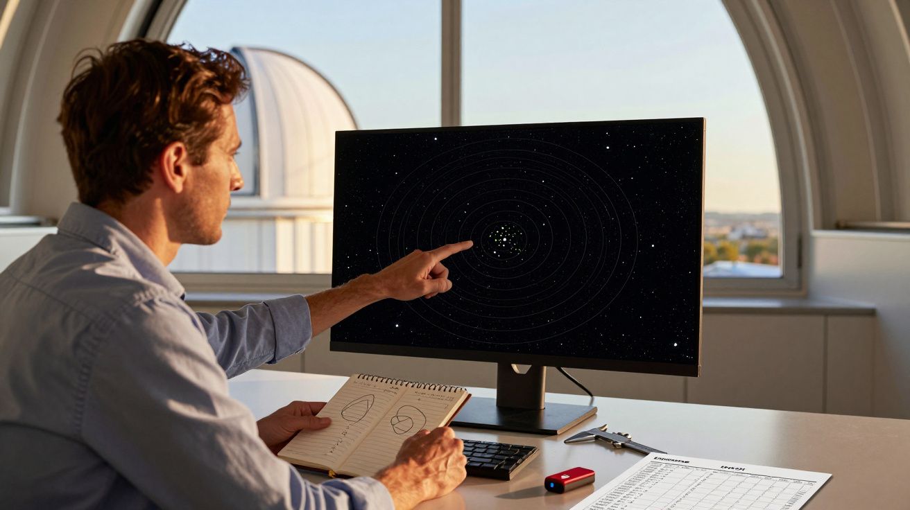 Hombre analizando mapa estelar en pantalla de ordenador, apuntando con el dedo, con libretas sobre la mesa.