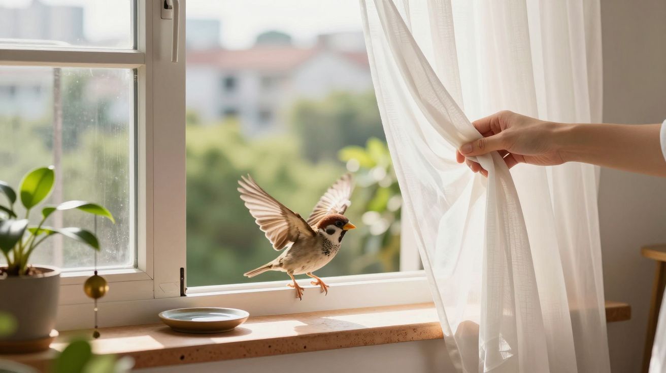 Mano corriendo cortina cerca de gorrión en el alféizar de una ventana abierta con plantas.