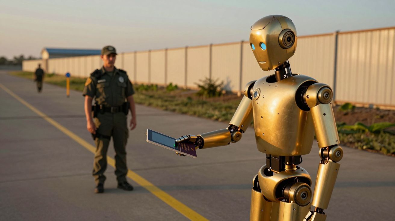 Robot dorado con tableta en mano, se enfrenta a un guardia de seguridad en un camino pavimentado al atardecer.