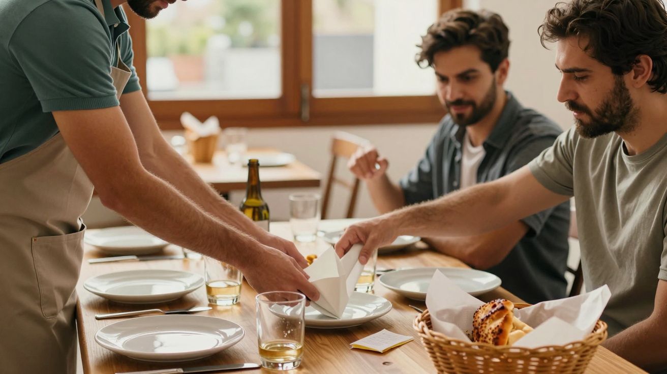 Servidor coloca platos delante de dos hombres en un restaurante, con mesa de madera y cesta de pan en primer plano.