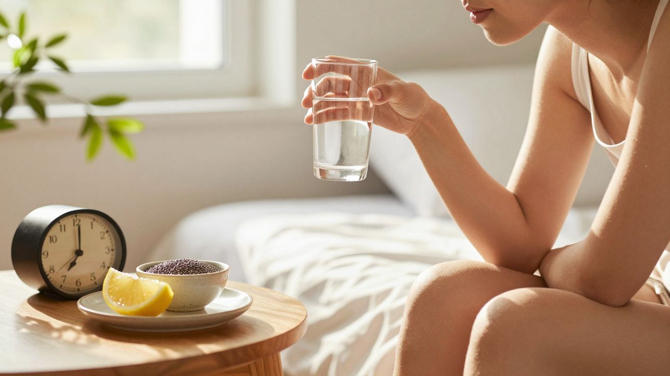 Persona sosteniendo un vaso de agua junto a una mesa con un reloj, semillas y limón, en una habitación luminosa.