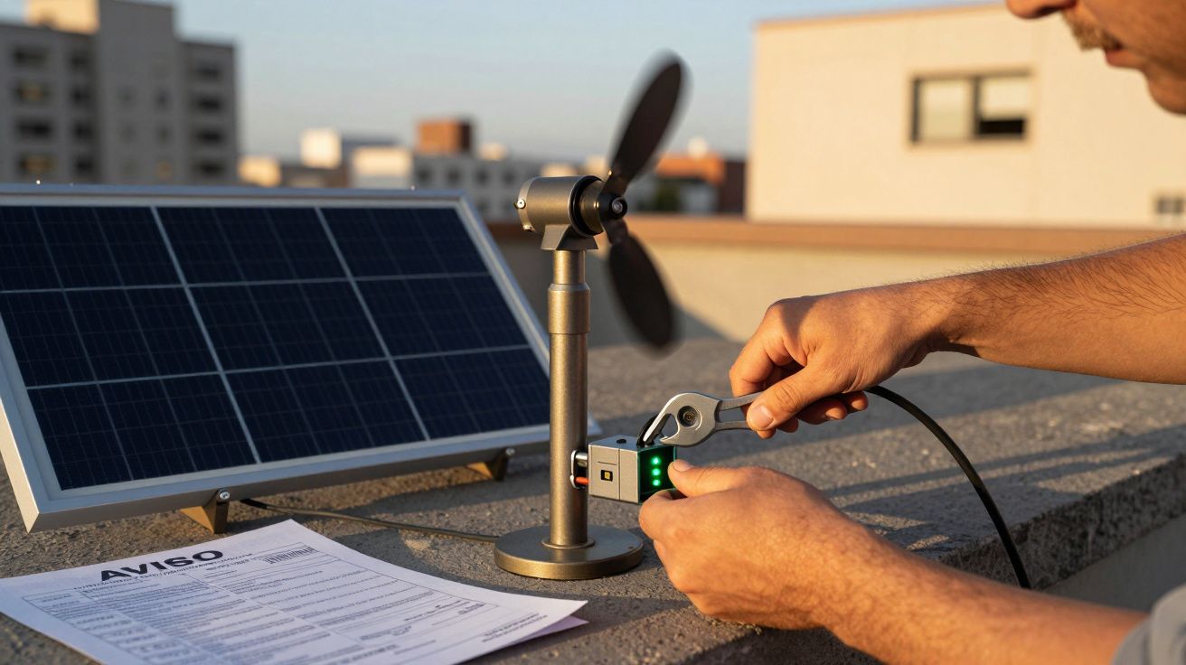 Persona ajustando un dispositivo con un panel solar y una cuchilla de molino en una azotea.