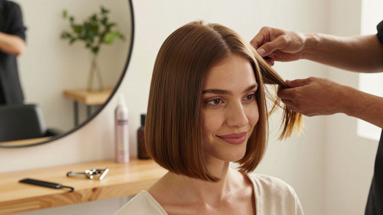 Persona con pelo castaño en corte bob, sonríe mientras un estilista ajusta su peinado en una peluquería moderna.