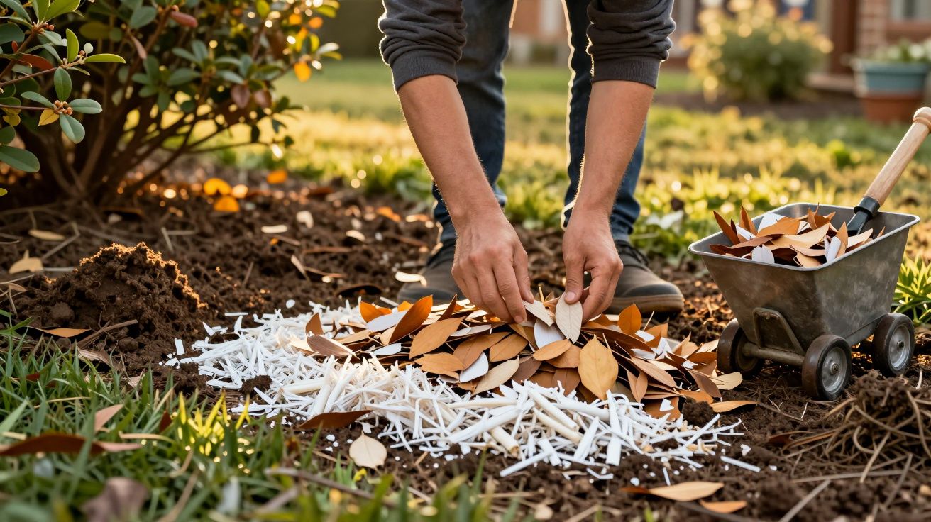 Manos colocando hojas secas y material blanco en el jardín, junto a una carretilla pequeña.