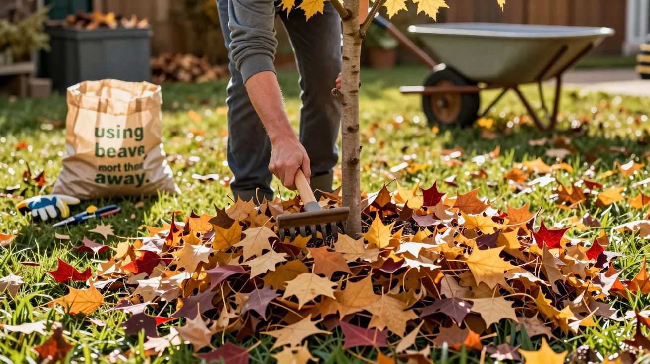 Persona rastrillando hojas otoñales alrededor de un árbol en el jardín, con carretilla y bolsa de reciclaje al fondo.