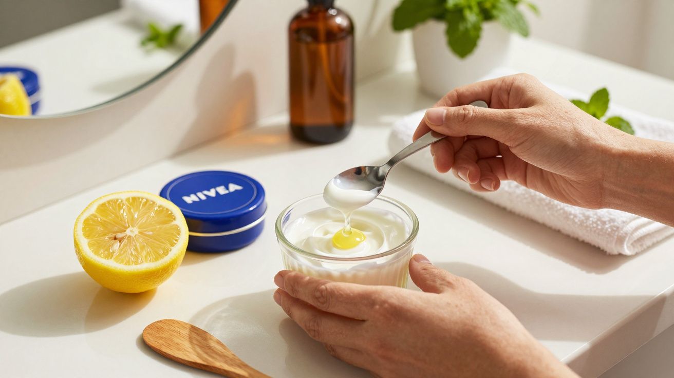 Persona añade limón a un yogur en un baño con crema Nivea y toalla blanca.